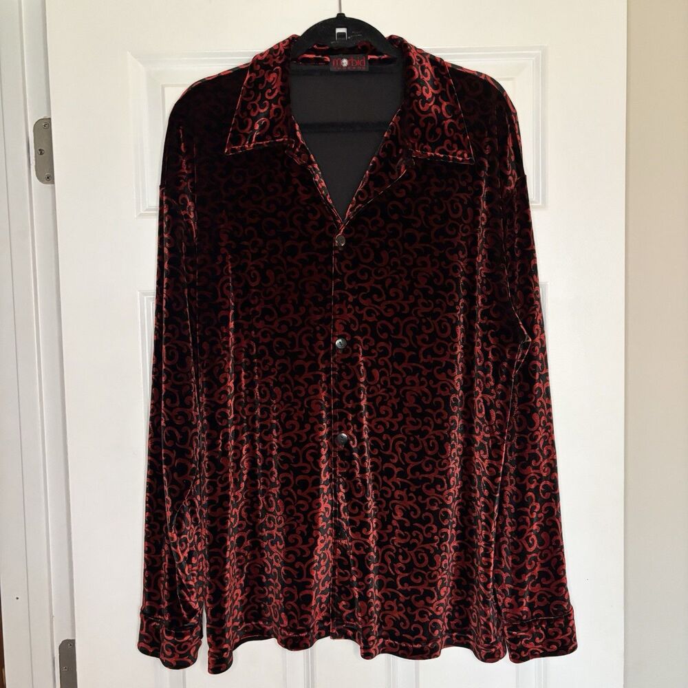 Morbid Threads Vintage Velvet Goth Halloween Red Swirl Button Up Shirt